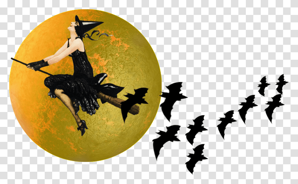 Halloween Borders And Frames Vintage Witch Broom Moon Silhouette, Dance Pose, Leisure Activities, Person, Human Transparent Png