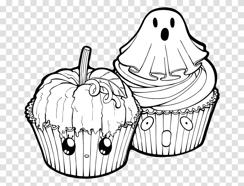 Halloween Cupcake Drawing Cartoons Halloween Food Clip Art Black And White, Cream, Dessert, Creme, Sweets Transparent Png