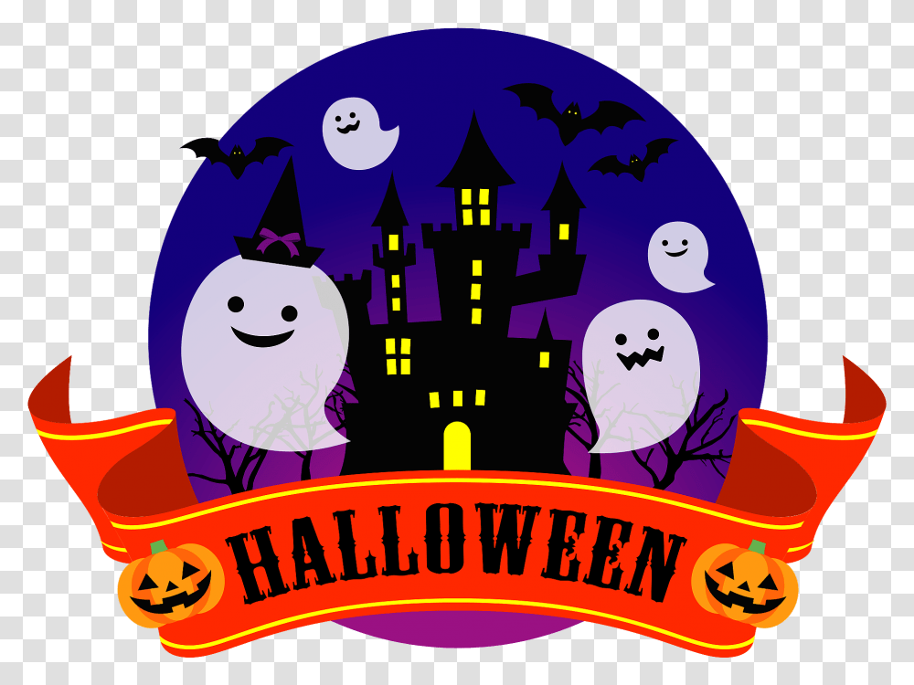 Halloween Scene Haunted House Ghosts Banner Clipart Halloween Ghost Clipart, Graphics, Giant Panda, Symbol, Text Transparent Png