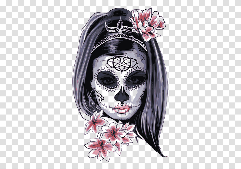 Halloween Skull Skeleton Face Stickers Flower Mask Fteh Catrina De La Muerte, Graphics, Art, Drawing, Floral Design Transparent Png