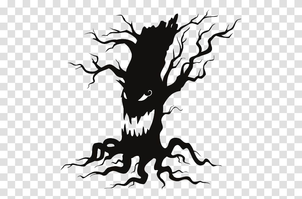 Halloween Tree File Hq Image Scary Tree Clipart Black And White, Stencil, Plant, Silhouette, Root Transparent Png