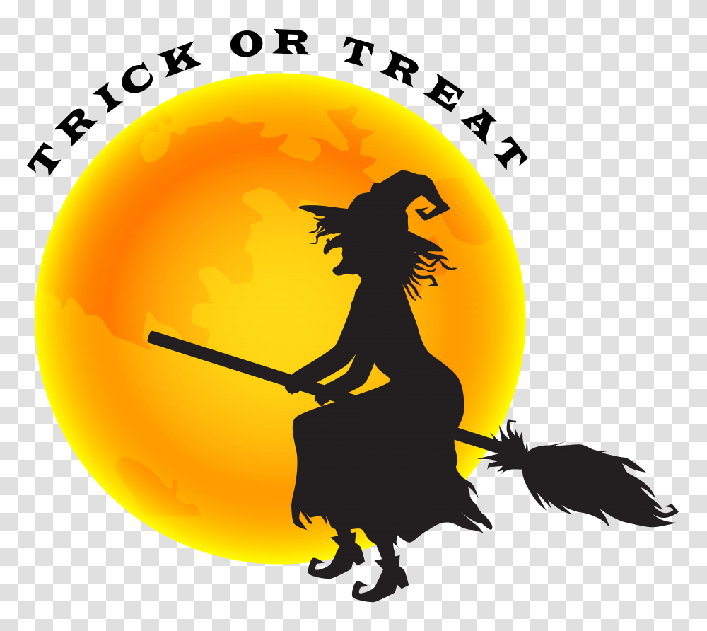 Halloween Witch And Moon Clip Art Image Halloween Witch Orange Moon, Person, Logo, Symbol, Silhouette Transparent Png