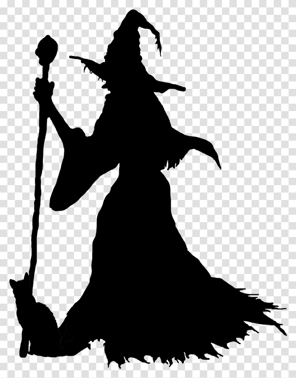 Halloween Witch With Cat Witches Clipart Black And White, Person, Silhouette, Photography, Leisure Activities Transparent Png