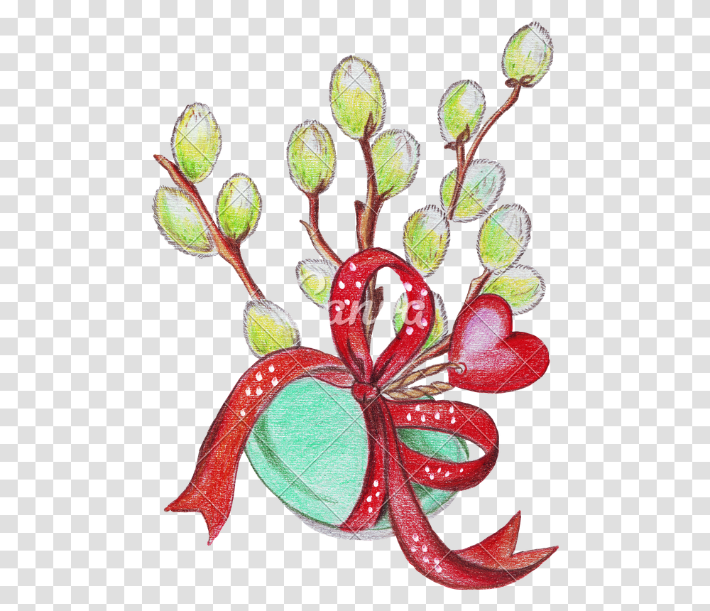 Hand Drawing Of Painted Eggs And Pussy Willow, Plant, Flower, Blossom, Tennis Ball Transparent Png