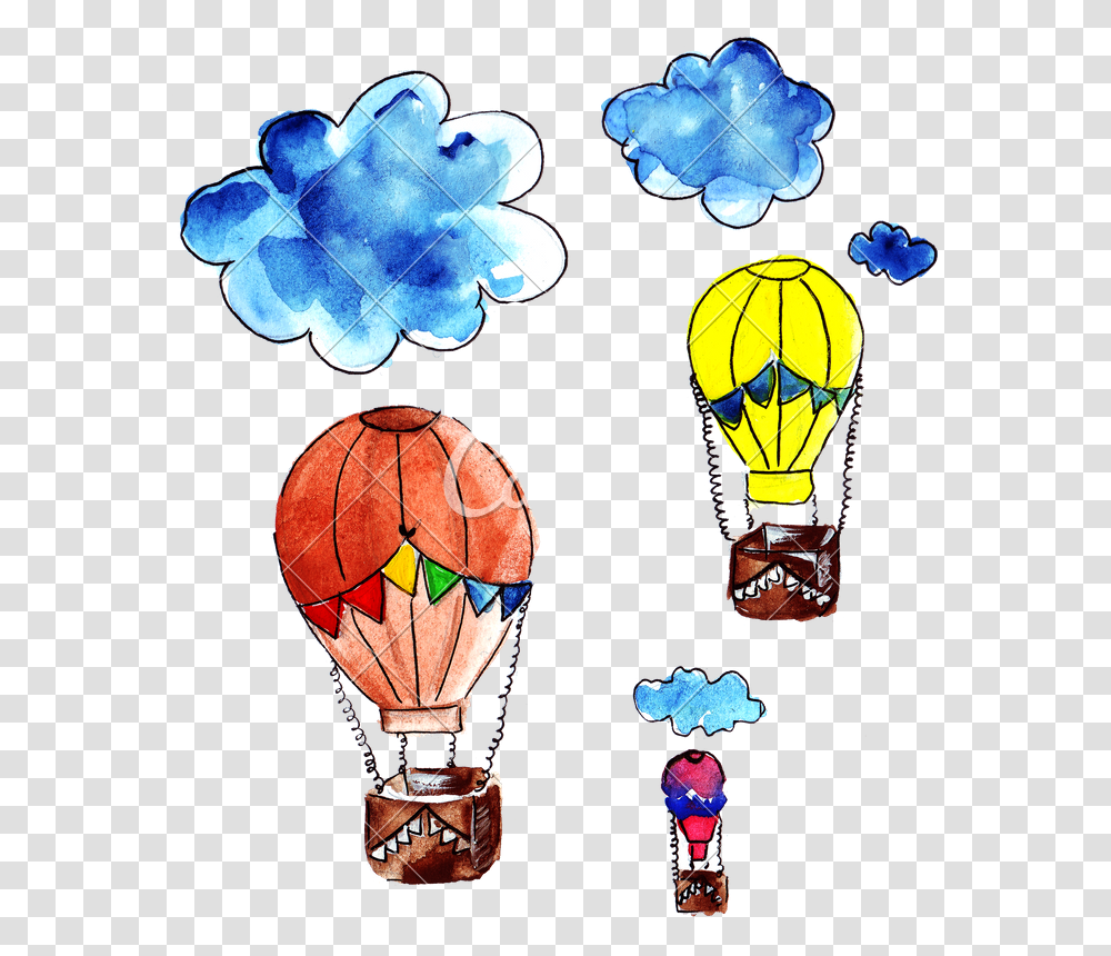 Hand Drawing Of Watercolor Clouds And Flying Balloons Hot Air Balloon, Aircraft, Vehicle, Transportation Transparent Png