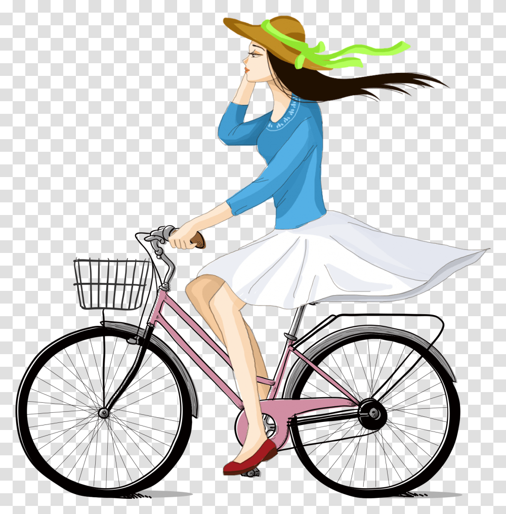 Hand Drawn Cartoon Girl Cycling Decoration Vector Vector Girl On Bicycle, Vehicle, Transportation, Bike, Person Transparent Png