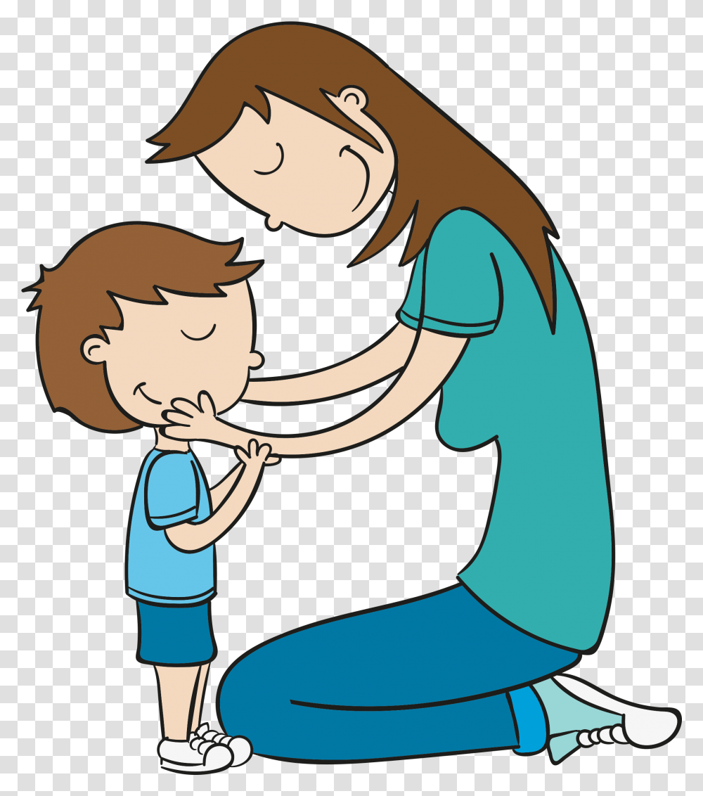Hand Drawn Cartoon Mother And Child Decoration Vector Mother Cartoon, Kneeling Transparent Png