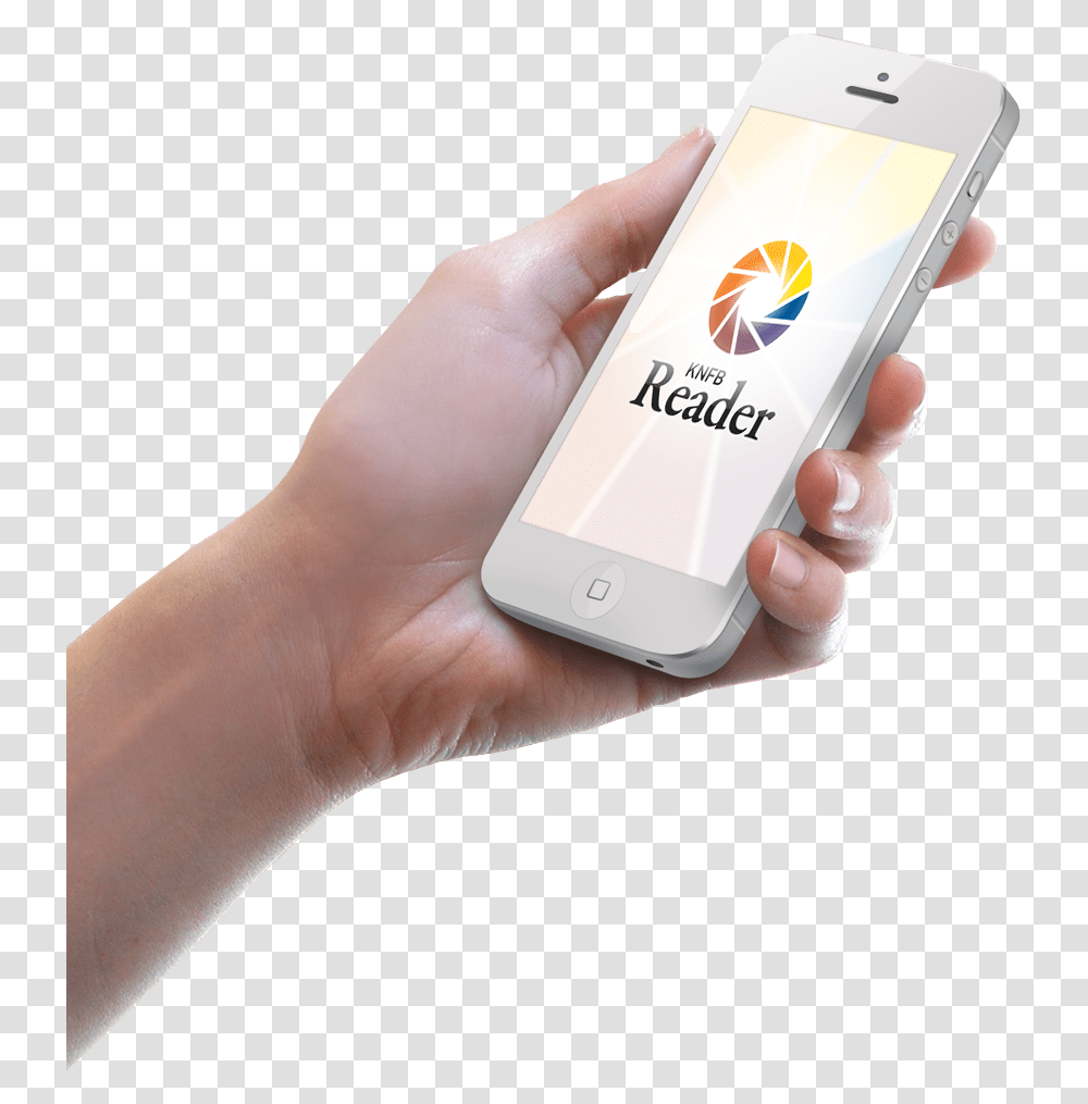 Hand Holding A Mobile Phone With Knfb Reader Logo On Knfb Reader, Person, Human, Electronics, Cell Phone Transparent Png