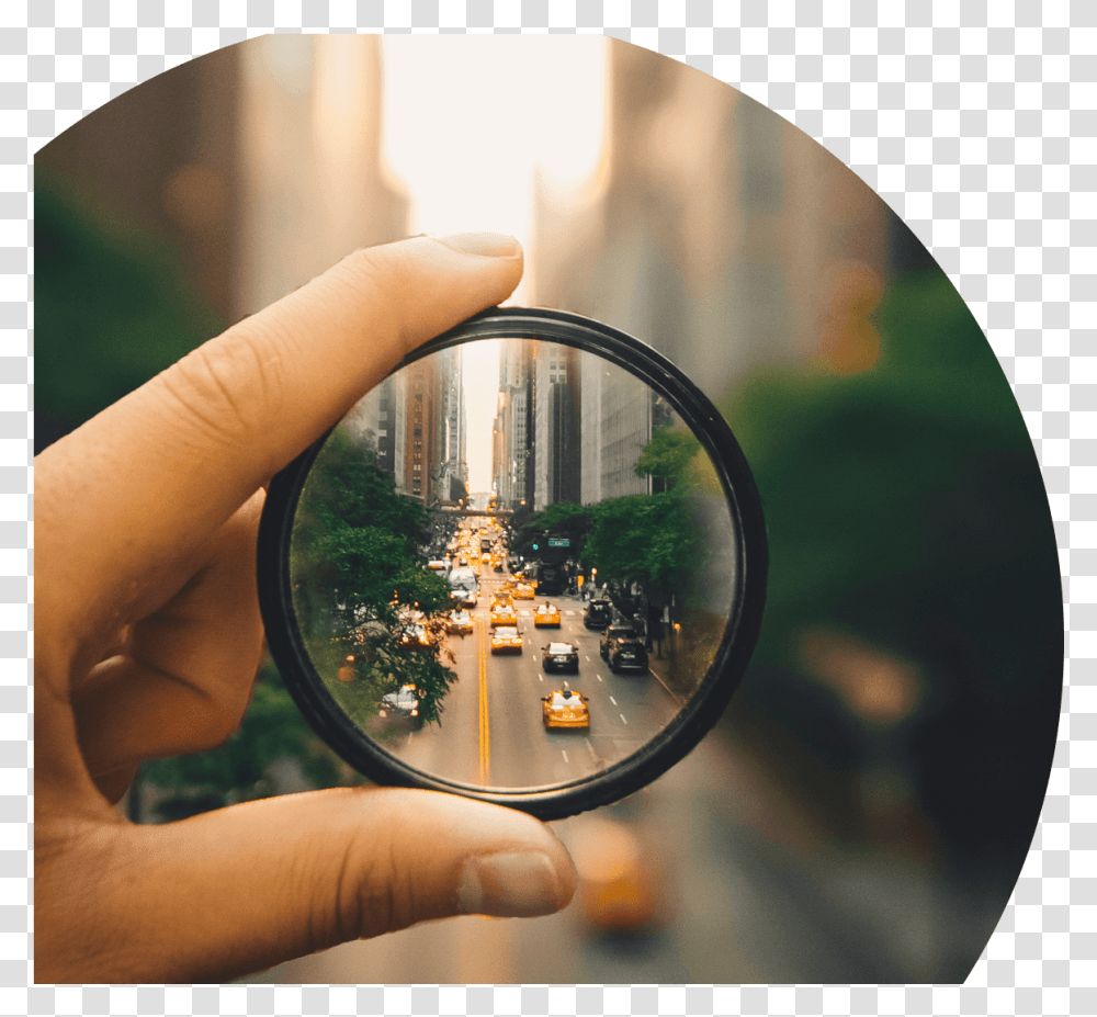 Hand Holding Lens Of New York Road Moving Traffic Reflection, Person, Human, Car, Vehicle Transparent Png