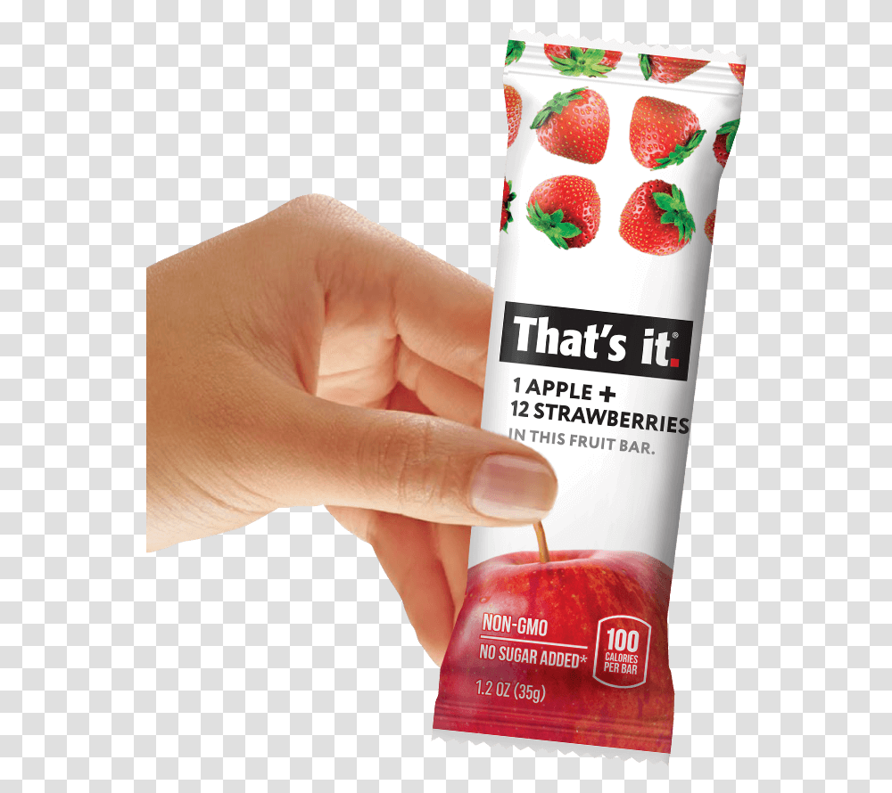 Hand Holding Strawberry That's It Fruit Bar That's It Fruit Bar Apple Strawberry, Person, Bottle, Plant, Tin Transparent Png
