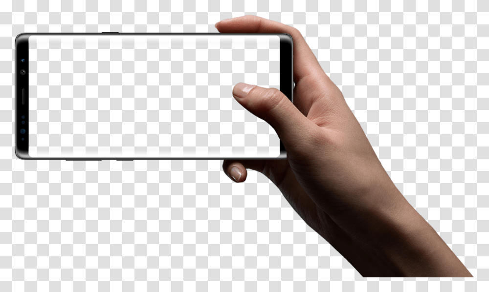 Hand Holding The Galaxy Note8 In Landscape Mode Hand Holding Phone Landscape, Person, Human, Electronics, Mobile Phone Transparent Png