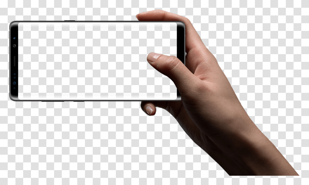 Hand Holding The Galaxy Note8 In Landscape Mode Mobile In Hands, Person, Human, Mobile Phone, Electronics Transparent Png