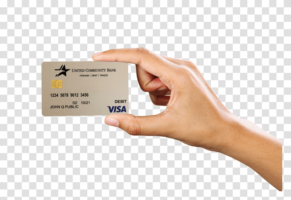 Hand Holding United Community Bank Debit Card Atm Card In Hand, Person, Human, Business Card Transparent Png