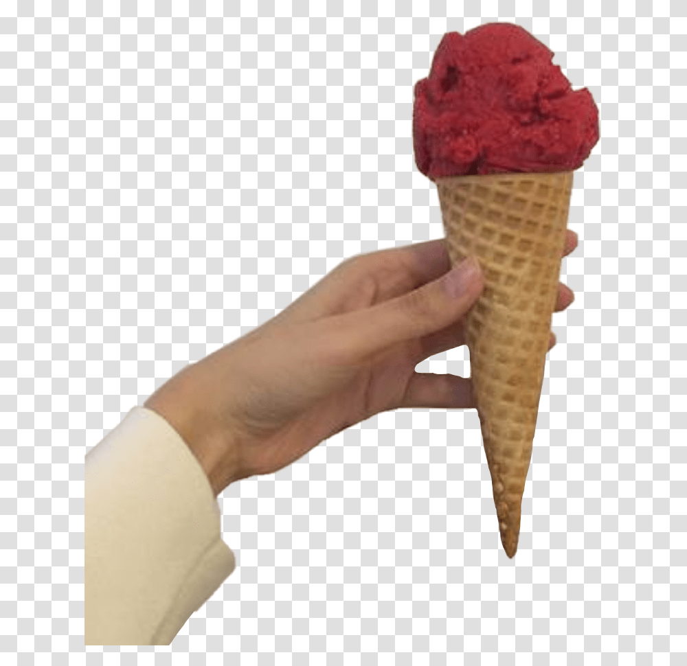 Hand Icecream Red Cream Aesthetic Food Dessert Ice Cream Cone, Creme, Person, Human, Sweets Transparent Png