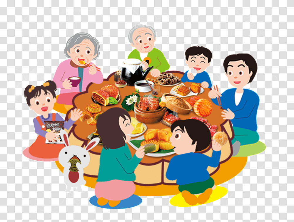 Hand Painted Flat Cartoon Family Reunion Mid Autumn Festival Family Reunion, Person, Meal, Food, People Transparent Png