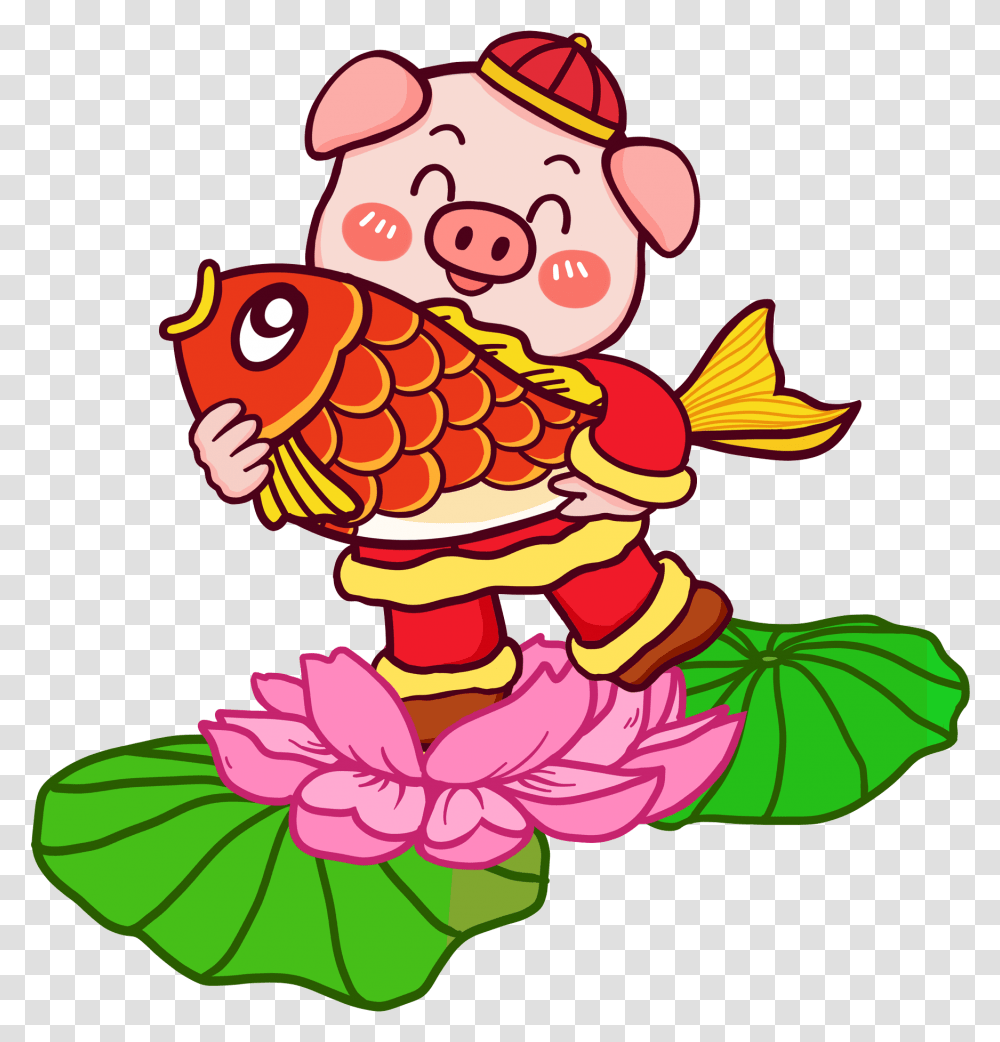 Hand Painted Illustration Chinese Style Lotus And Cartoon, Performer, Animal, Figurine, Food Transparent Png