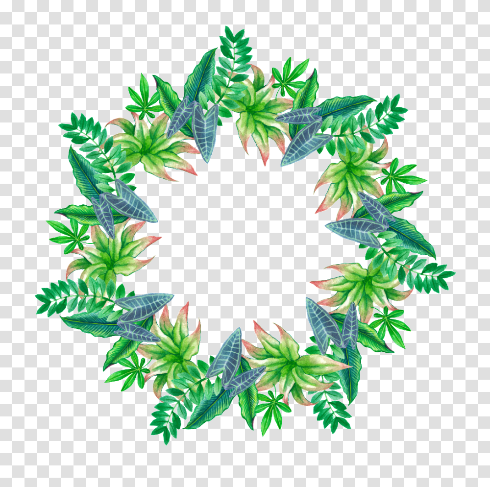 Hand Painted Tropical Leaves Stars Ring Free, Green, Plant, Leaf, Wreath Transparent Png
