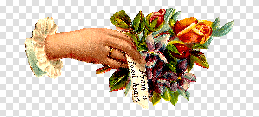 Hand Wishes Vintage Stickpng Hand With Flowers Vintage, Plant, Leaf, Floral Design, Pattern Transparent Png