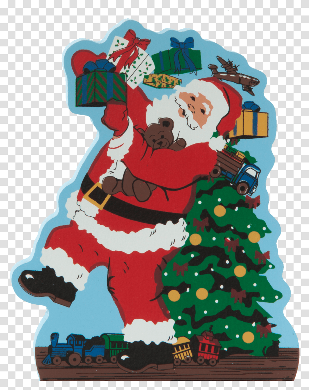 Handcrafted Wooden Shelf Sitter Of Santa Caught Delivering Illustration, Tree, Plant, Ornament, Christmas Tree Transparent Png
