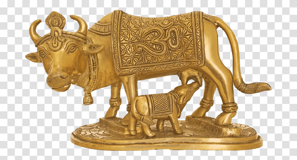 Handcurved Kamadhenu Cow Feeding Calf Brass Statue Statue, Bronze, Animal, Mammal, Bull Transparent Png