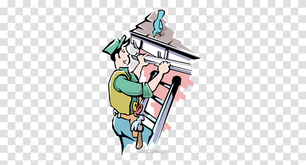 Handyman Installing Eaves Trough Royalty Free Vector Clip Art, Architecture, Building Transparent Png