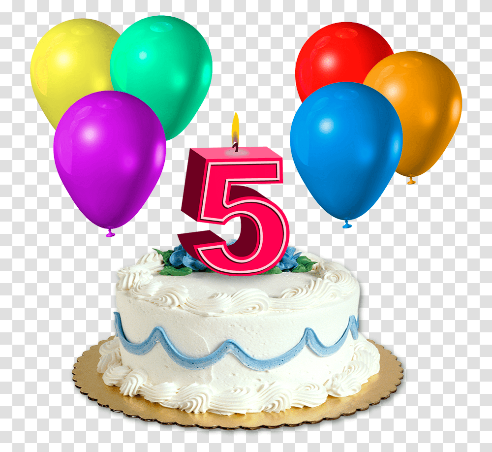 Happy Birthday Cake With 5 Candles 5th Birthday Cake, Balloon, Dessert, Food, Number Transparent Png
