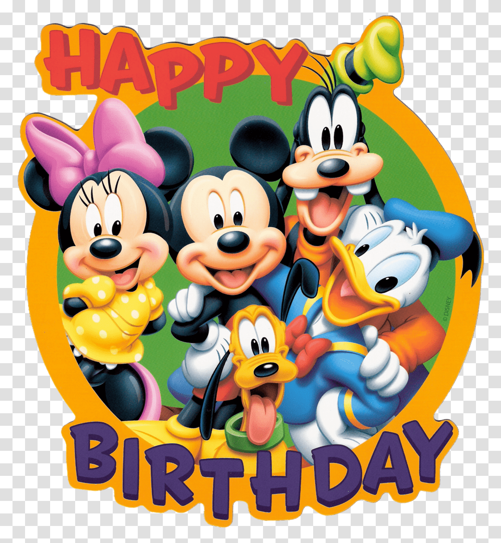 Happy Birthday Disney Hd Photos Clipart Disney Character Happy Birthday, Label, Crowd, Food Transparent Png