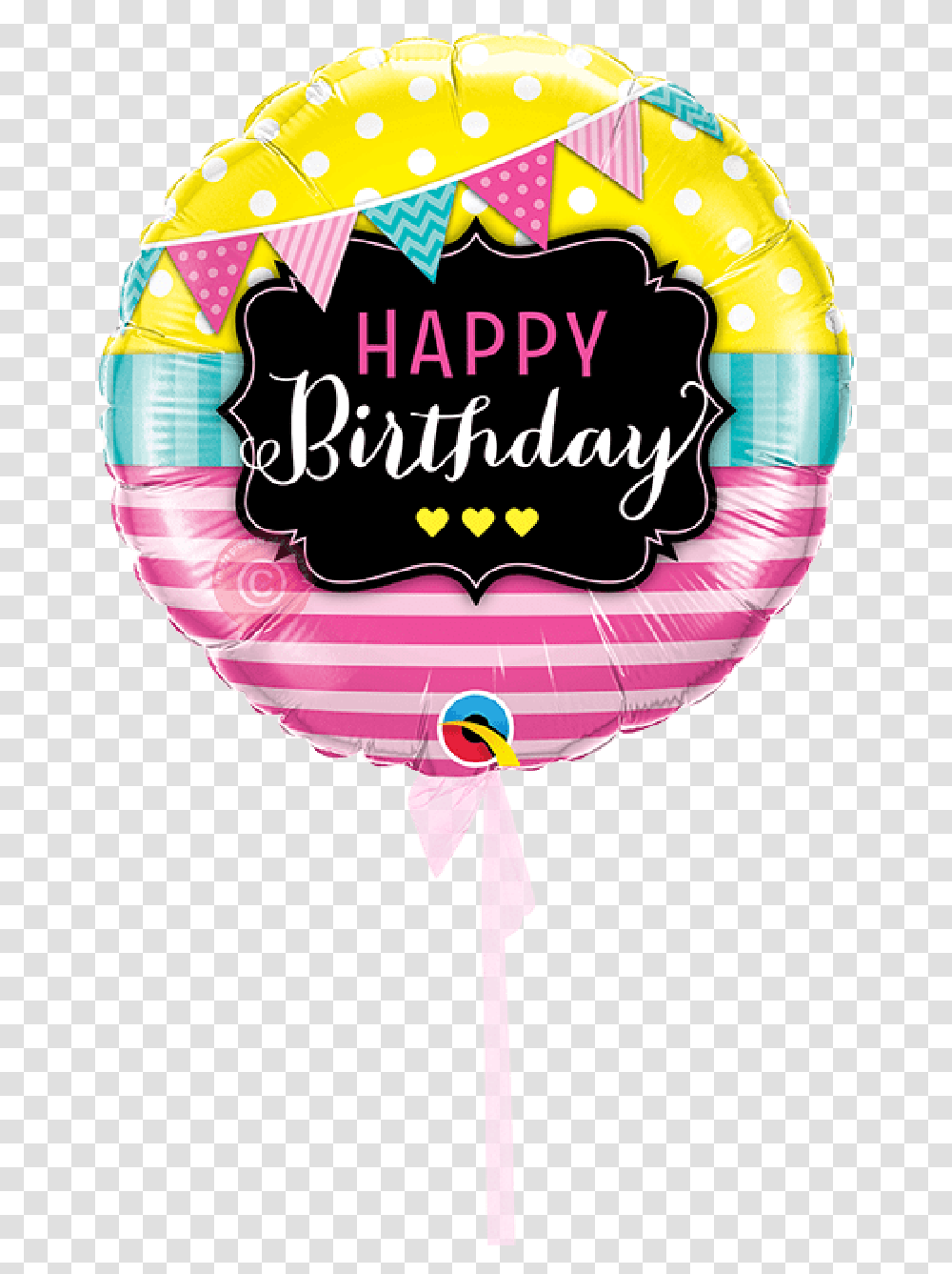 Happy Birthday Pennants And Pink Stripes Happy Birthday Single Balloon, Helmet, Label, Text, Graphics Transparent Png