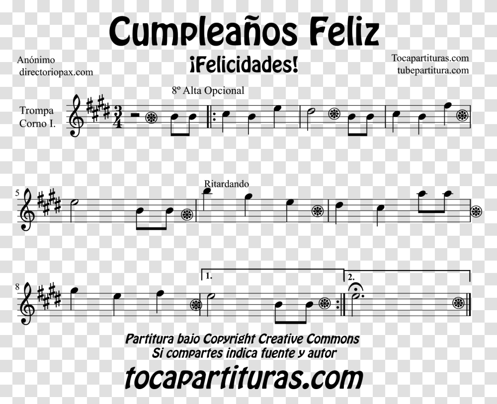 Happy Birthday Sheet Music For Horn English Horn And Feliz En Do, Gray Transparent Png