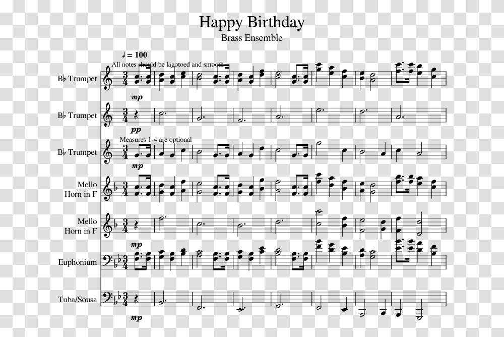 Happy Birthday Sheet Music For Trumpet French Horn Happy Birthday Drum Notes, Gray, World Of Warcraft Transparent Png