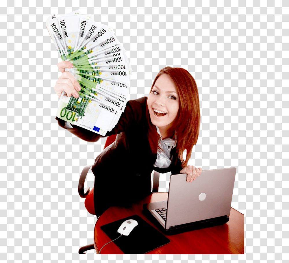 Happy Business Woman Showing The Money Happy Business Woman, Laptop, Pc, Computer, Electronics Transparent Png