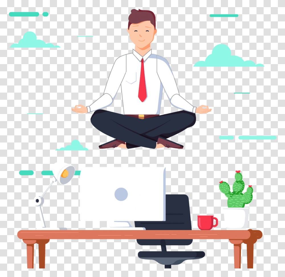 Happy Customer Work Meditation Animation, Person, Monitor, Sitting, Waiter Transparent Png