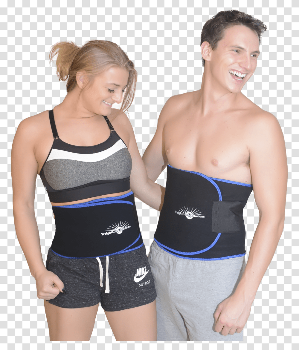 Happy Fit Couple Wearing Waist Trimmer Sauna Beltsquot Girl, Person, Human, Apparel Transparent Png