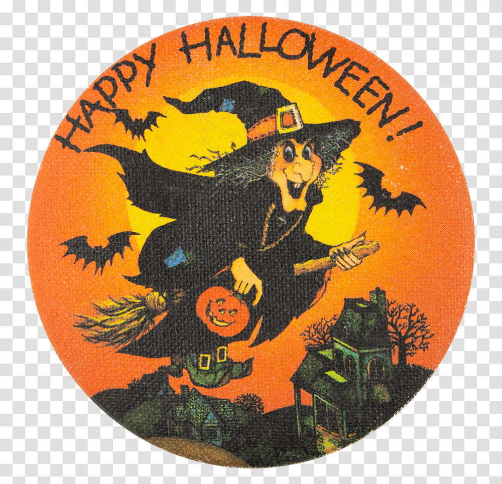 Happy Halloween Witch Over Houses Event Button Museum Illustration, Logo, Trademark, Person Transparent Png