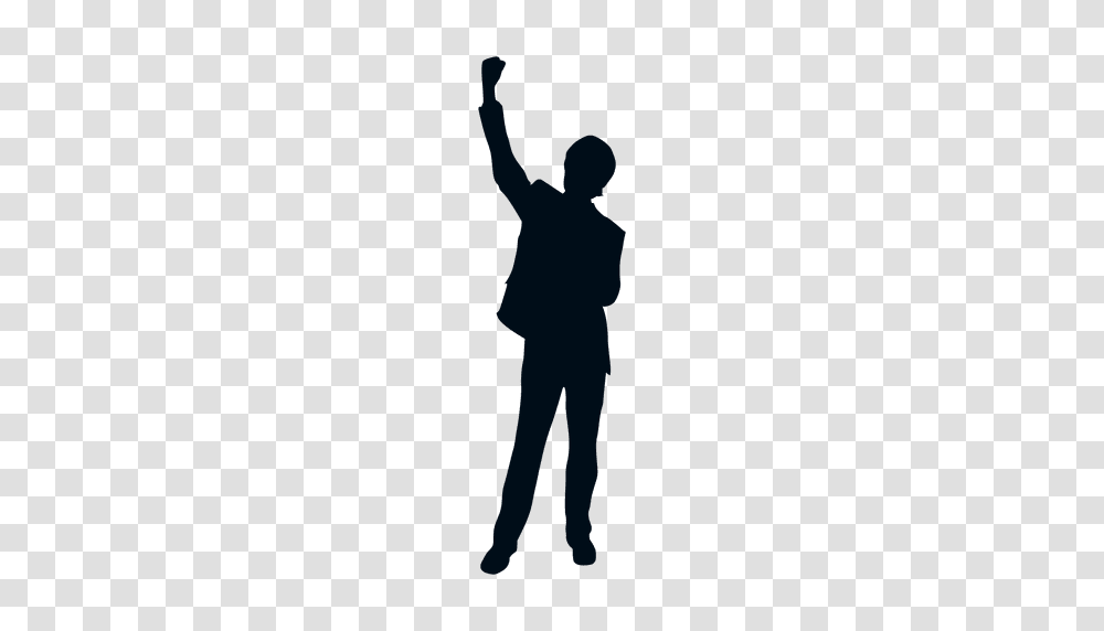 Happy Man Raising Fist Silhouette, Person, Standing, Hand, People Transparent Png