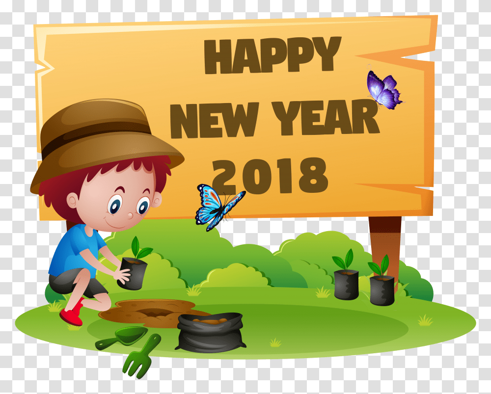 Happy New Year 2018 Kids, Person, Label, Vegetation Transparent Png