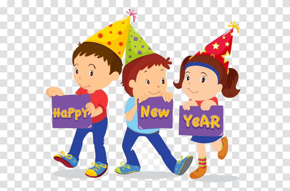 Happy New Year Clipart School Kids Free New Years Kids, Apparel, Party Hat, Person Transparent Png