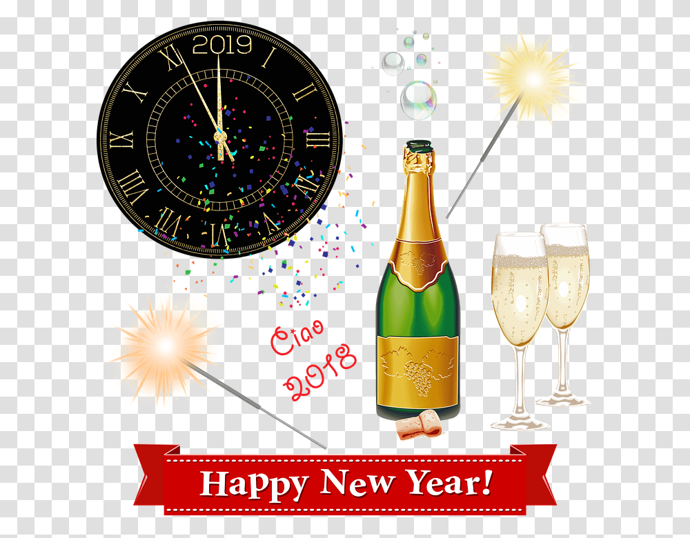 Happy New Year Clock Midnight Champagne Party Zegar Nowego Roku 2019, Beverage, Alcohol, Bottle, Glass Transparent Png