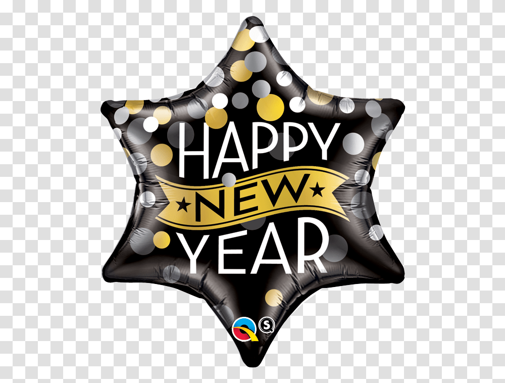 Happy New Year Confetti Star Foil Balloon 53cm Throw Pillow, Cushion, Text, Inflatable, Vest Transparent Png