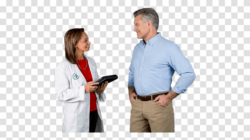 Happy Phn Patient Talking To Doctor Standing, Apparel, Person, Human Transparent Png
