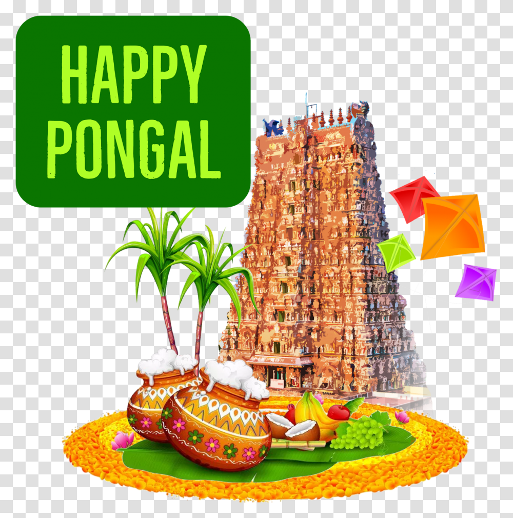 Happy Pongal Temple Kites For What's App Sticker Pongal Background Images, Birthday Cake, Food, Building, Meal Transparent Png