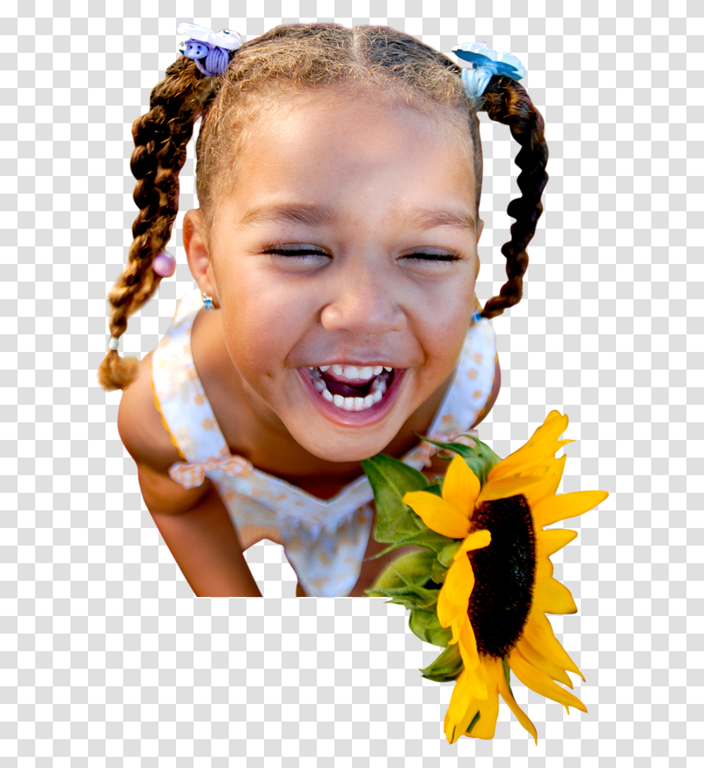Happy Smiling Young Girl Holding A Sunflower Child Laughing, Person, Human, Plant, Blossom Transparent Png