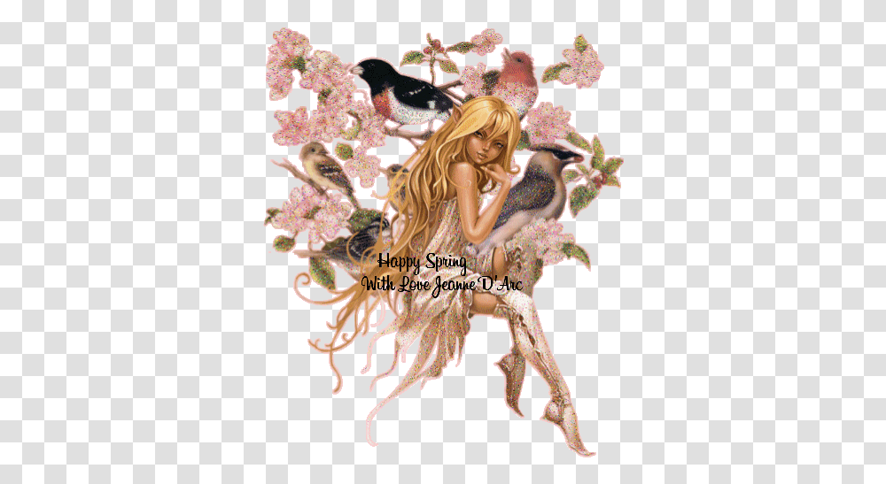 Happy Spring Fairy And Flowers Gif Fairy Tale Pixie Cartoon, Figurine, Angel, Archangel, Bird Transparent Png