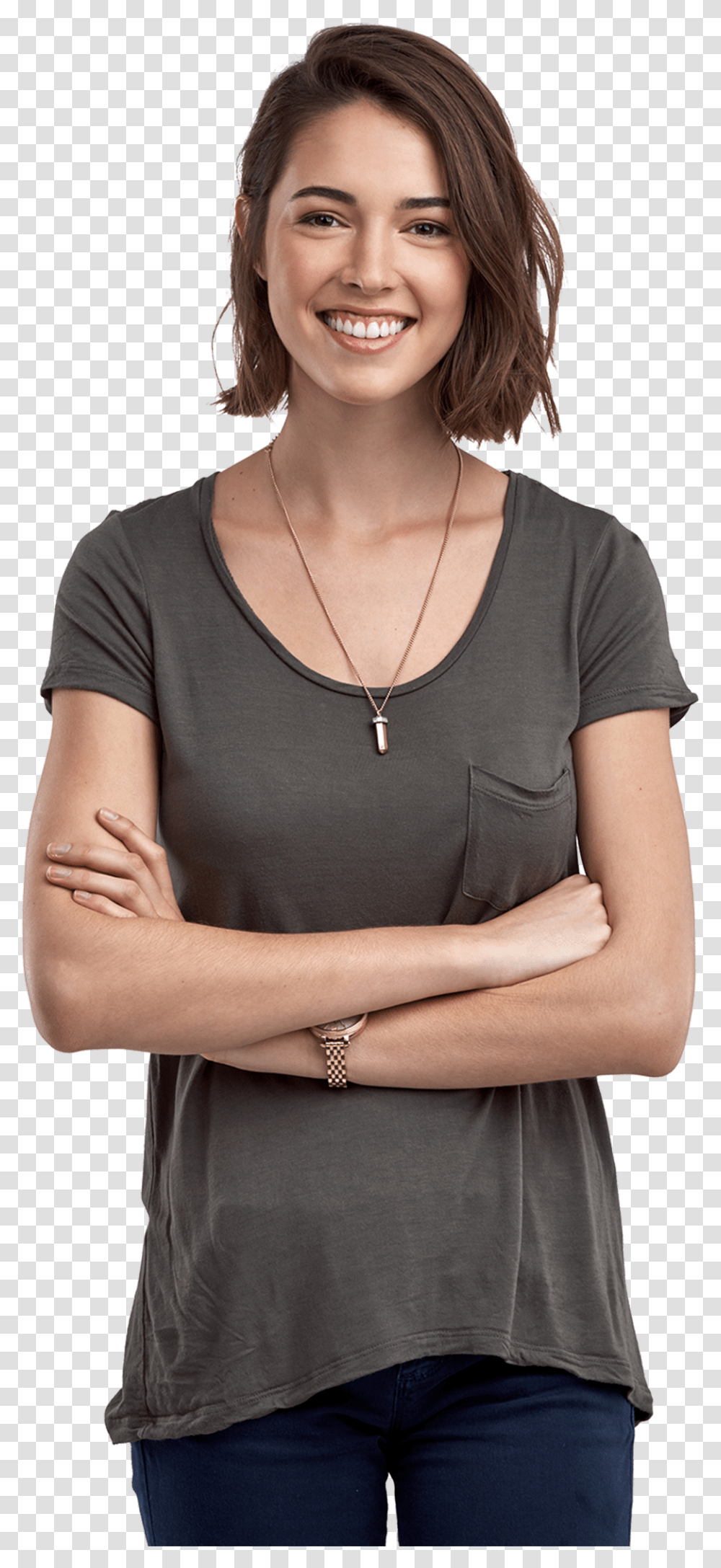 Happy Woman Next To White Label Ppc Management Services Young Woman Stock, Person, Human, Necklace, Jewelry Transparent Png