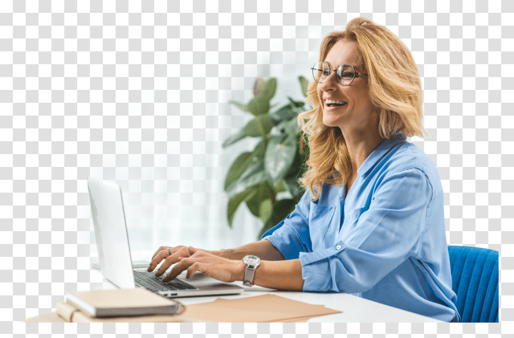 Happy Woman Working With A Laptop Sitting, Person, Pc, Computer, Electronics Transparent Png