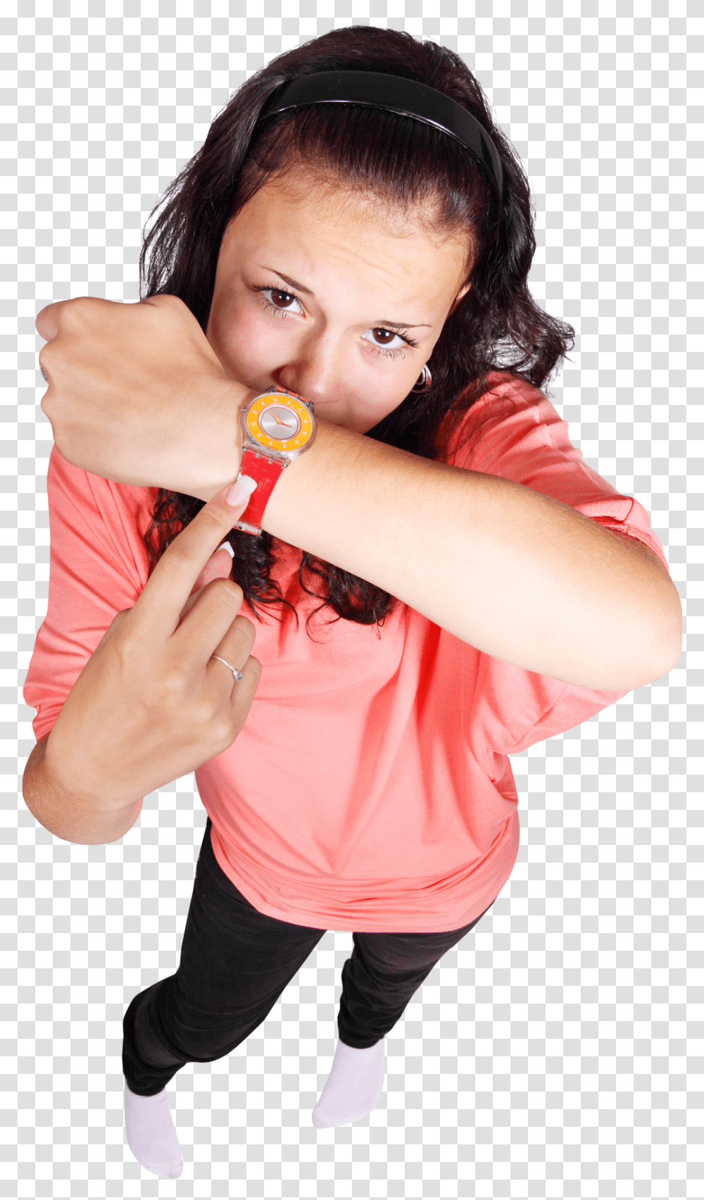 Happy Young Girl Pointing Finger Pngpix Happy Girl With Watch, Person, Sleeve, Clothing, Wrist Transparent Png