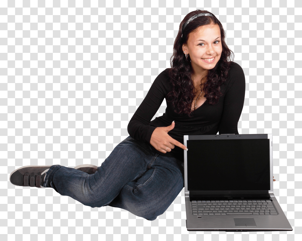 Happy Young Girl Sitting With Laptop Image Girl, Pc, Computer, Electronics, Person Transparent Png