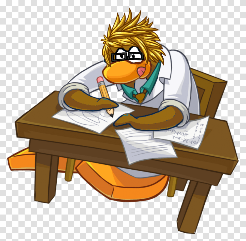 Hard Working Club Penguin Gadget Room, Person, Reading, Furniture, Table Transparent Png
