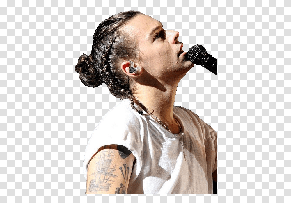Harry Styles Braid Hair, Person, Skin, Tattoo, Microphone Transparent Png