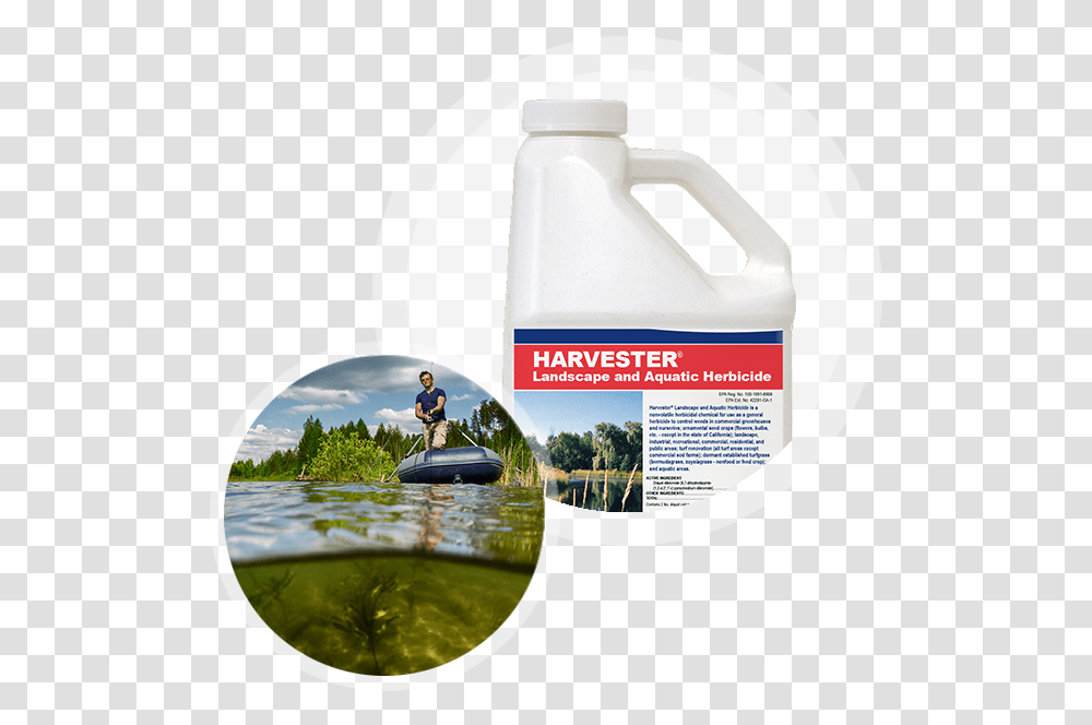 Harvester Aquatic Herbicide Container With Lake And Reflection, Person, Poster, Advertisement, Boat Transparent Png